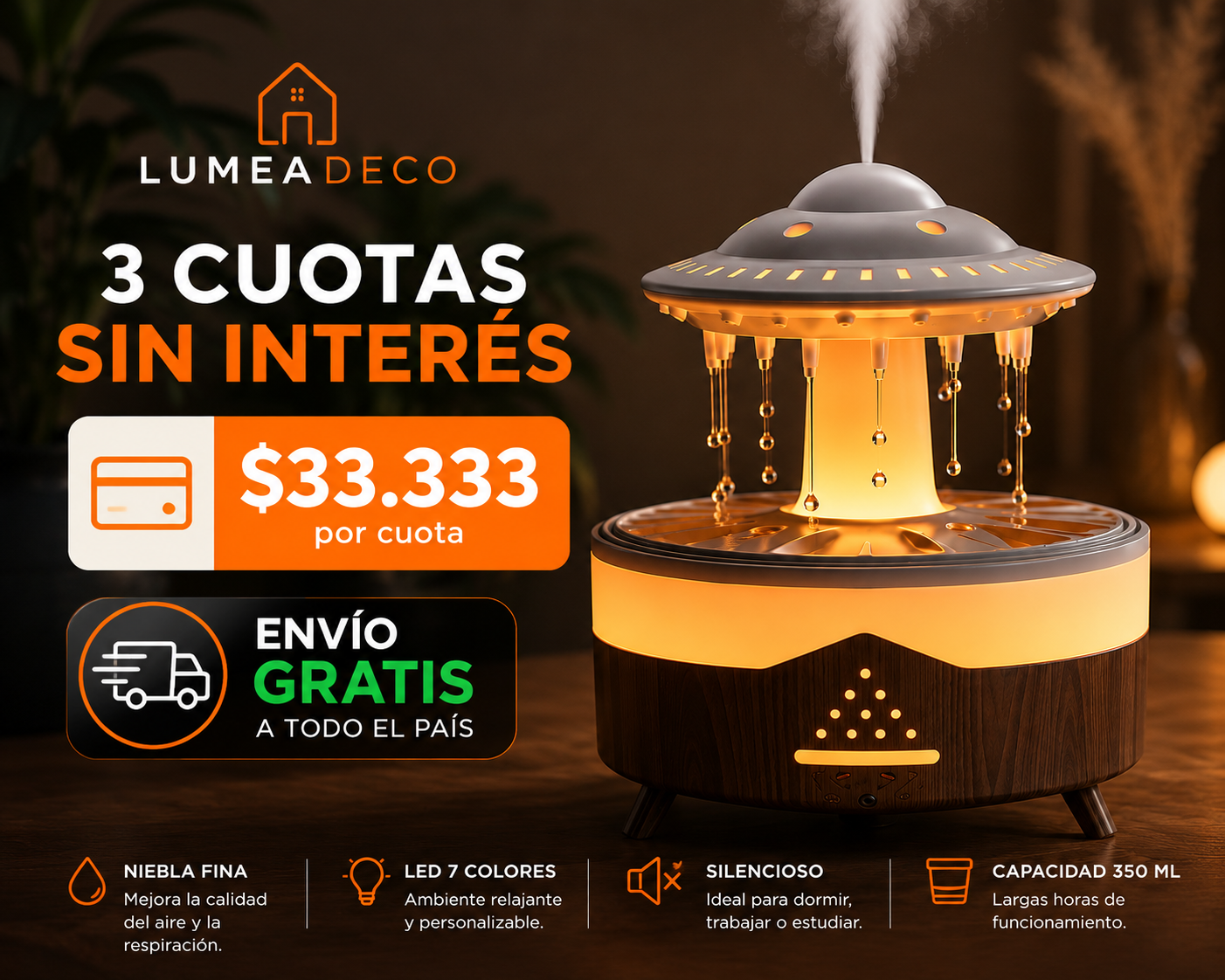 Humidificador Ovni LED encendido